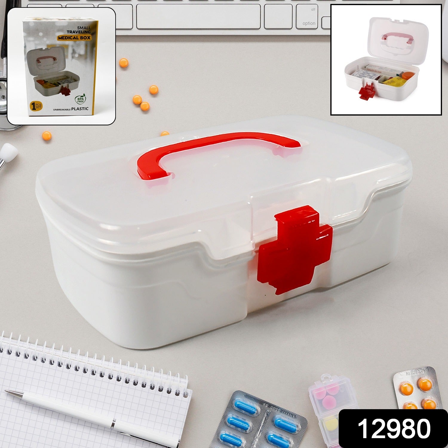 3-Compartment First Aid Box - Portable Medicine Storage with Detachable Tray & Transparent Lid 3-Compartment First Aid Box - Portable Medicine Storage with Detachable Tray & Transparent Lid